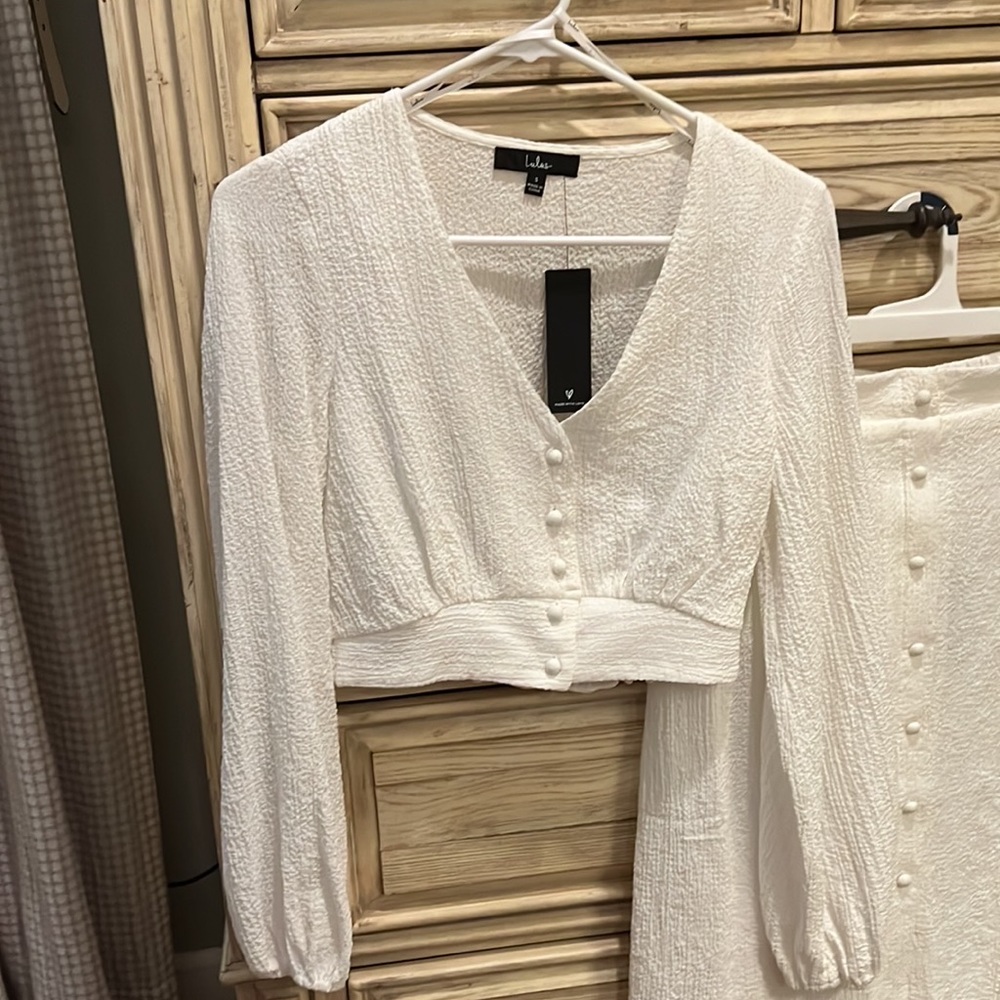 Rules of Romance White Button-Up Long Sleeve Crop Top. Skirt also available